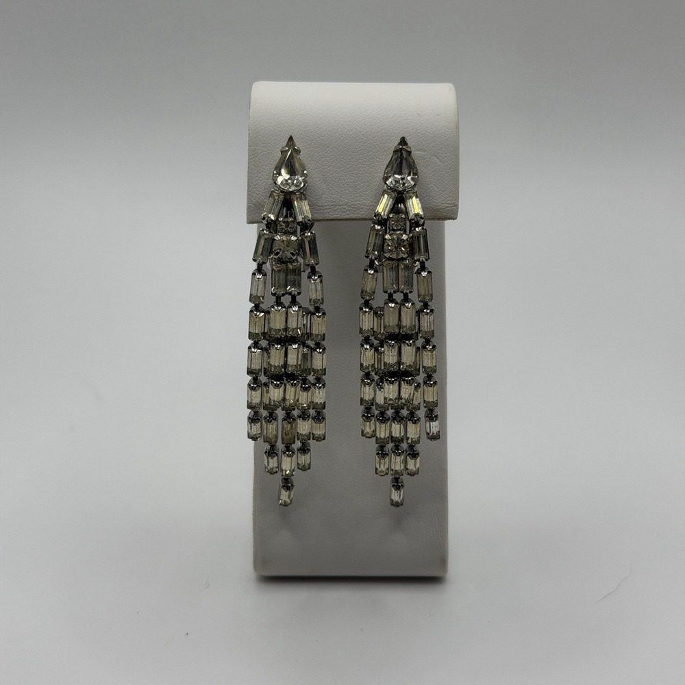Weiss Cascading Drop Rhinestone Clip On Earrings Clear Baguette Vtg Hollywood